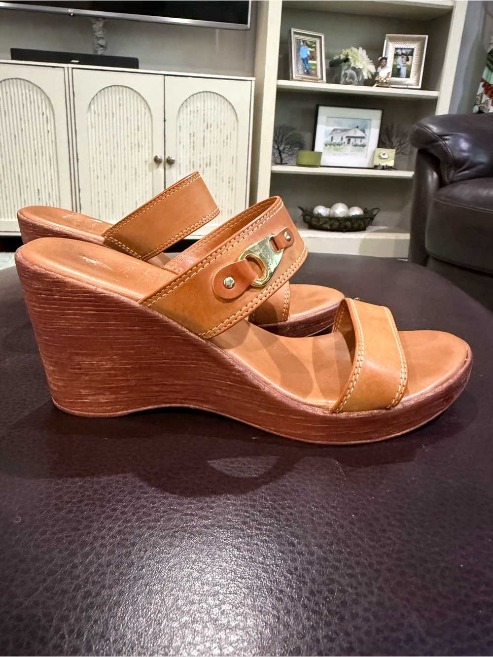 Italian Shoemakers Tan Leather Wedge Sandals with Gold Accent